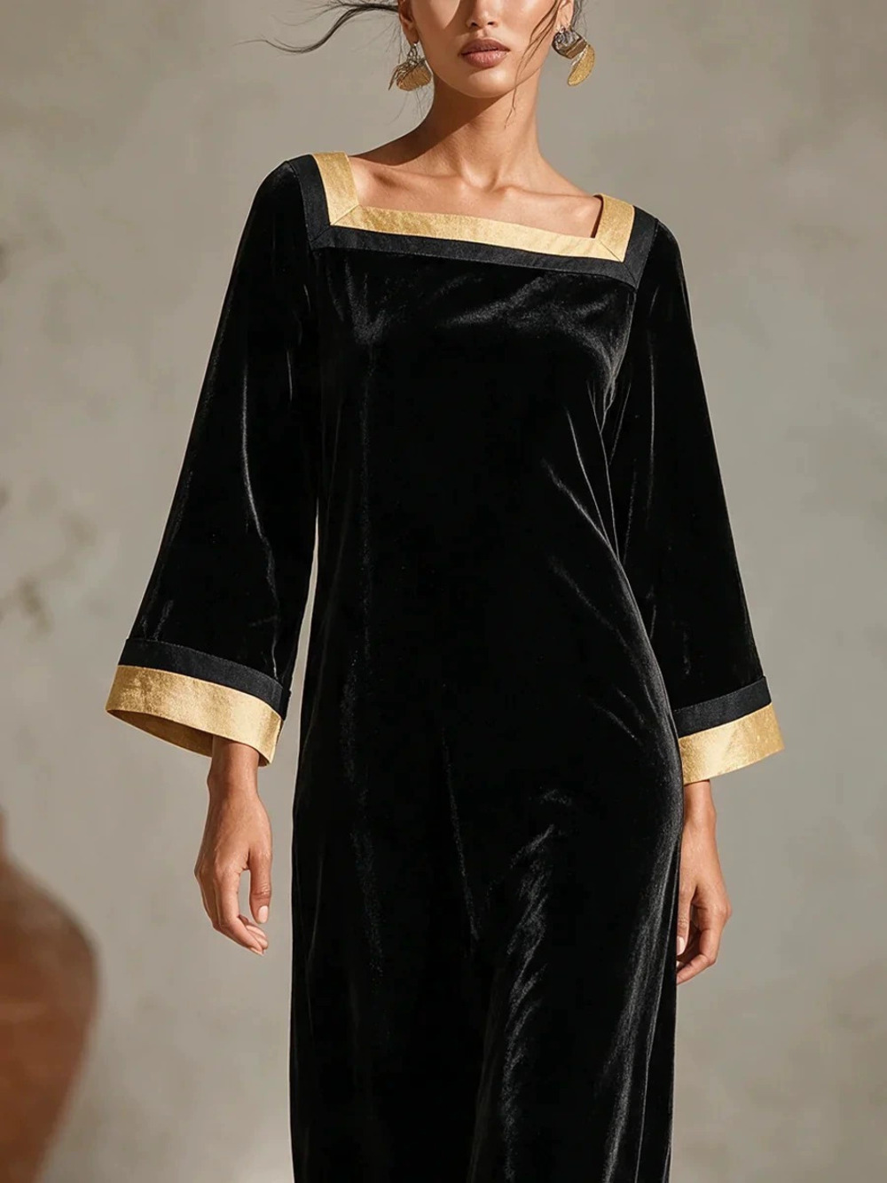 ZARA Retro Square Neck Black Velvet Gold Trim Gown